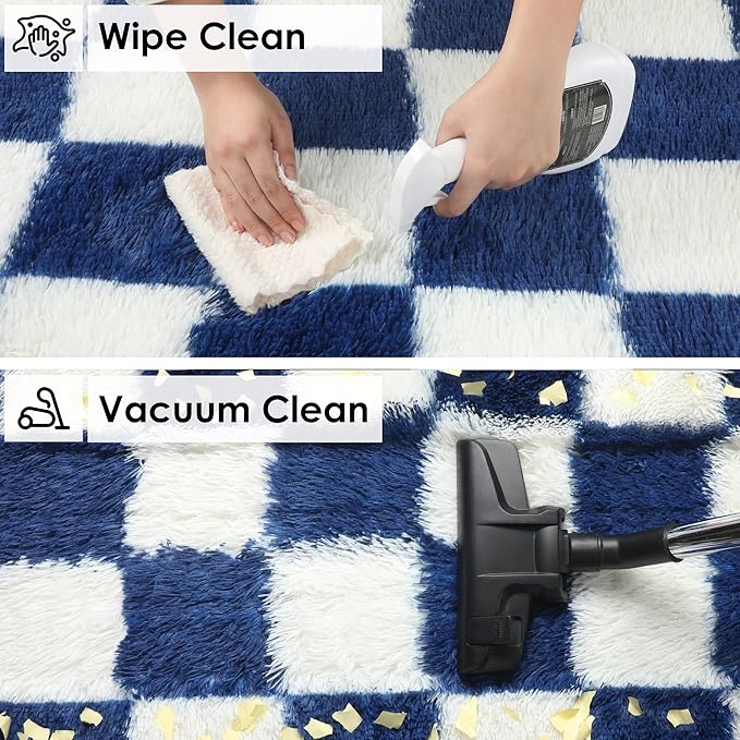KICMOR Round Rugs 5ft Blue and Cream White Circle Area Rug, Fluffy Soft Fuzzy Shag Shaggy Bedroom Living Room Carpet, Indoor Checkered Circular Rug for Kids Boys Girls Home Decor Aesthetic, Nursery