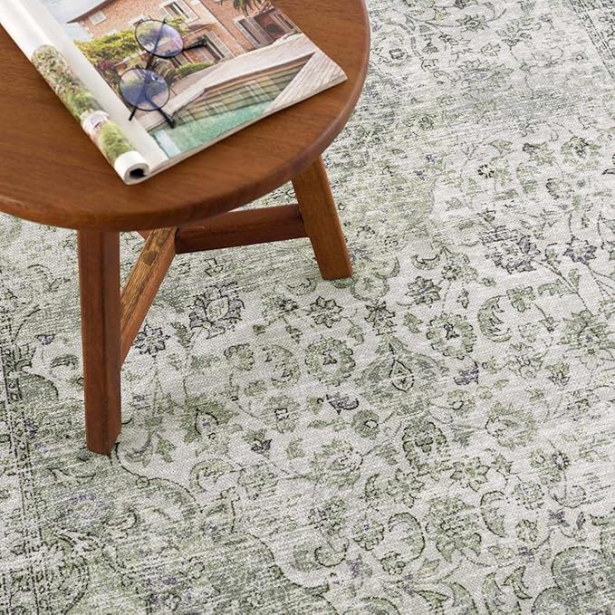 Hauteloom Cristy Bohemian Vintage Medallion Area Rug - Farmhouse Oriental Carpet for Living Room, Bedroom - Machine Washable- Cream, Olive - 5' x 7'6"