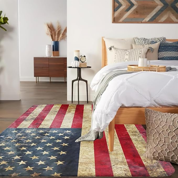 Vintage American Flag Area Rugs 5x7 Washable Area Rugs for Living Room Throw Large Bedroom Kitchen Rug Non-Slip Low-Plie Entryway Rug Floor Mat Carpet for Dining Laundry Room Office