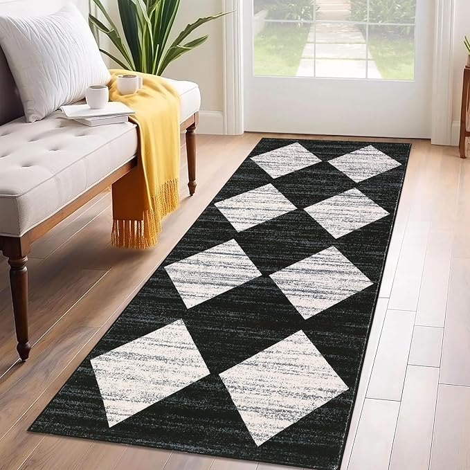 GarveeHome Kitchen Runner Rug Black Washable Rug for Front Door Entryway Hallway Distressed Checkered Mat Low Pile Neutral Area Rugs Non Slip Farmhouse Rugs 2x6