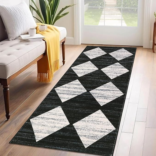 GarveeHome Kitchen Runner Rug Black Washable Rug for Front Door Entryway Hallway Distressed Checkered Mat Low Pile Neutral Area Rugs Non Slip Farmhouse Rugs 2x6