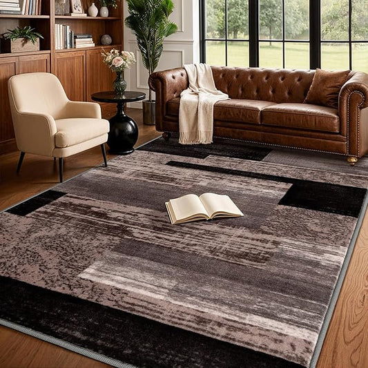 6x9 Washable Area Rugs for Living Room and Bedroom, Vintage Checkered Pattern Non-Slip Carpet, Stain Resistant Low Pile Soft Rug for Dining Room,Office,Nursery,Kids Room(6x9,Gray)
