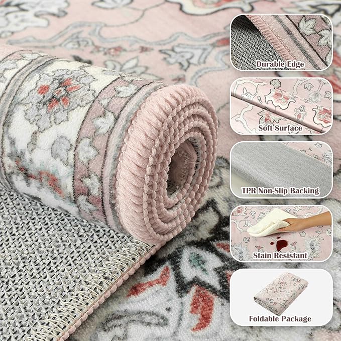 5x7 Light Pink Washable Boho Area Rug for Living Room, Vintage Floral Non Slip Bedroom Rugs, Wool Low Pile Indoor Mat, Aesthetic Pattern Carpet for Kitchen, Office and Kids Room