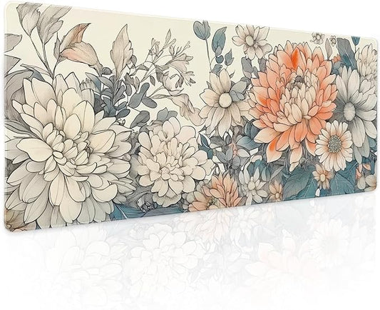 Japanese Aesthetic Floral Gaming Mouse Pad XL Vintage Orange White Flowers Extended Large Mat Mousepad Desk Pad Non-Slip Rubber Base Stitched Edge Long Keyboard Pad for Computer,31.5×11.8 Inch