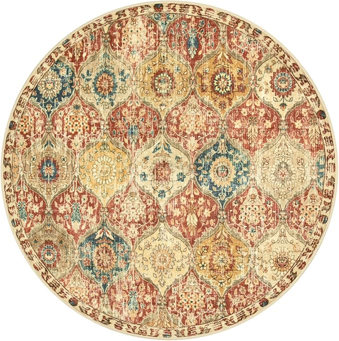 Lahome Moroccan Trellis Washable Round Rugs, Non-Slip Soft Round Rug 4ft Ultra-Thin, Small Vintage Circle Carpet for Entryway Kitchen Bedroom Nursery Bathroom, Red/Orange