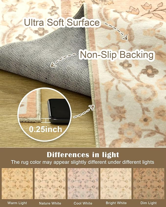 5x7 Washable Boho Area Rug for Living Room, Vintage Floral Non Slip Bedroom Rugs, Soft Low Pile Carpet for Kitchen Bathroom Farmhouse Nursery Kids Room Dining Room, Cinnamon Orange