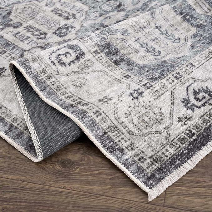Hauteloom Carnig Bohemian Vintage Medallion Area Rug - Farmhouse Oriental Carpet for Living Room, Bedroom - Machine Washable- Off White, Dusty Blue, Charcoal - 6'7" x 9'