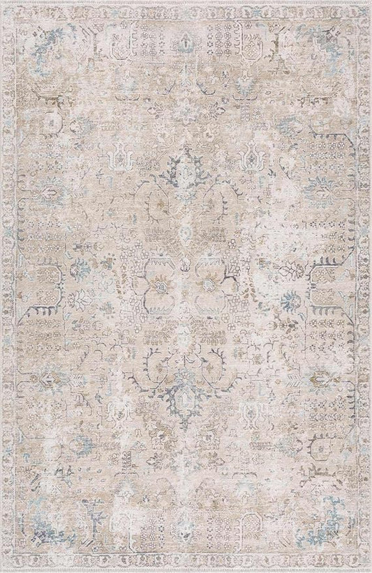 Hauteloom Caylin Bohemian Vintage Medallion Area Rug - Farmhouse Oriental Carpet for Living Room, Bedroom - Machine Washable- Cream, Dark Brown, Peach - 7'10" x 10'3"