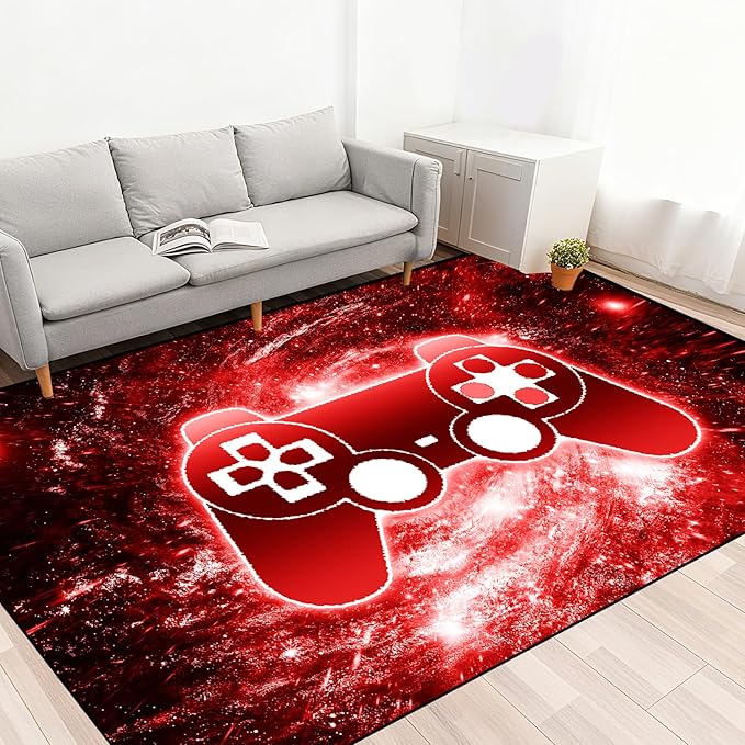 BATATADOCE Video Game Rug, 3D Printed Gamepad Controller Area Rugs for Bedroom Boys Living Room Red Large Cool Gamer Rugs Gaming Art Design Home Decor Crystal Doormat Yoga Mats, 70"x55"