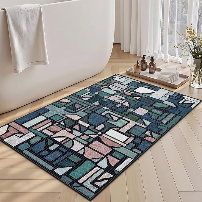 DEXDE Entryway Area Rugs 2x3 Vintage, Non Slip Washable Low Pile Throw Checkered Rug Modern Abstract Door Mat Indoor Soft Small Carpet for Entrance Bedroom Bathroom Laundry, Blue