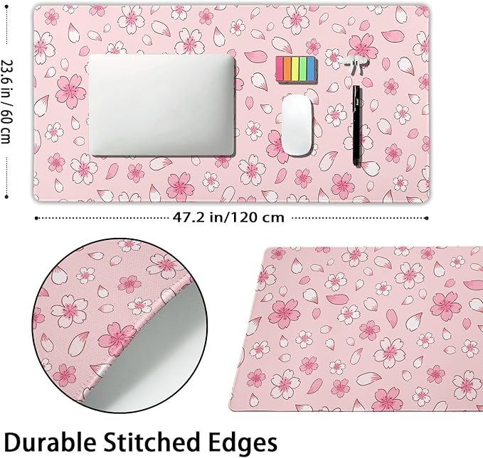 Pink Cherry Blossom Gaming Mouse Pad Extended 3XL Cute Anime Aesthetics Floral Kawaii Flower Large Mousepad Non-Slip Rubber Base Stitched Edge Long Keyboard Desk Mat for Computer,47.2x23.6 In,120x60cm