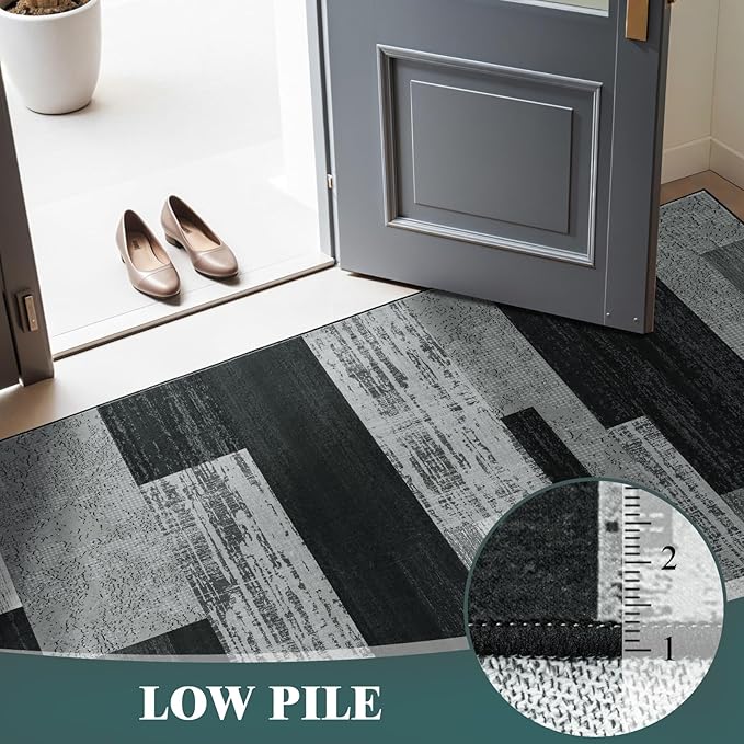10x14 Washable Area Rugs for Living Room and Bedroom, Vintage Checkered Pattern Non-Slip Carpet, Stain Resistant Low Pile Soft Rug for Dining Room,Office,Nursery,Kids Room(10x14,Gray)