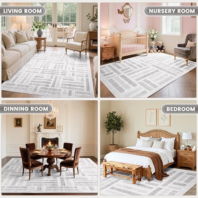 Washable Area Rugs,8x10ft Soft Rug for Living Room and Bedroom Vintage Striped Rug Stain Resistant with Non Slip Backing Geometric Checkered Foldable Print Mat for Home Decor