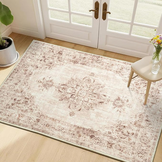 Area Rug 2x3, Washable Rug for Entryway Indoor, Small Area Rug for Living Room Entrance, Vintage Rug for Bedroom Doormat, Non Slip Soft Low Pile Carpet for Kitchen, Hallway, Office, Beige