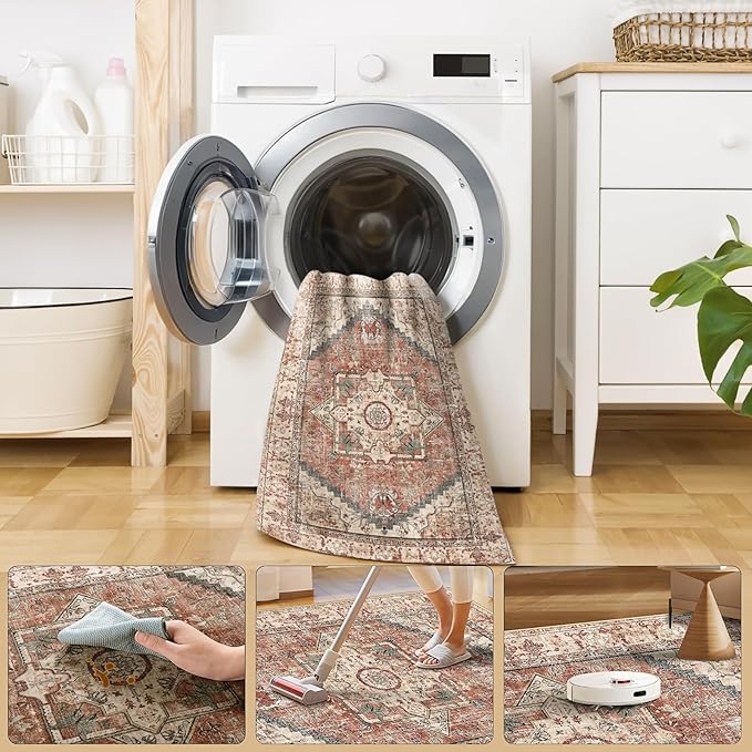 Area Rugs 5x7, Washable Rugs for Living Room, Non-Slip Rug, Boho Medallion Rug, Distressed Carpet, Low Pile Boho Rugs for Bedroom Dining Room