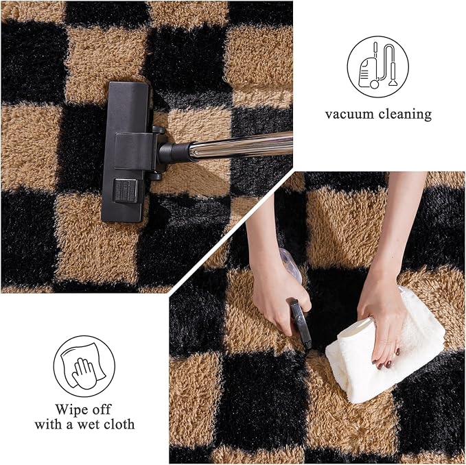 Checkered Rug 4x6 for Bedroom, Fluffy Plush Area Rug Non Slip, Modern Indoor Shag Rugs for Living Room Girls Kids Room Nursery Dorm Home Decor, Black and Beige