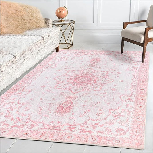 Area Rug 5x7 - Vintage Floral Honeycomb Non Slip Backing Carpet - Pink Softer Thicker Faux Wool Rug - Foldable & Machine Washable Rugs for Living Room Bedroom Nursery Room Home Office