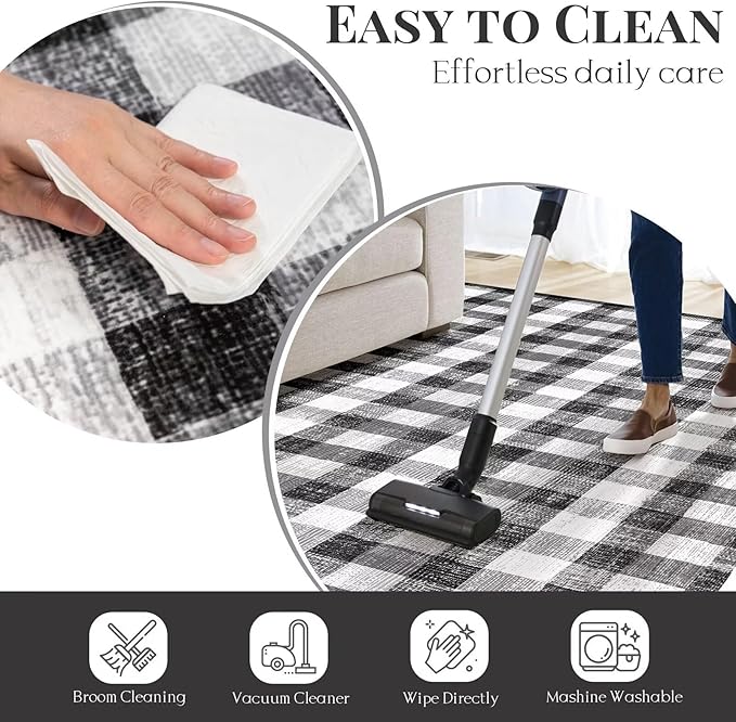 COLORPAPA Checkered Area Rug 6 Ft, Washable Round Rugs for Living Room, Modern Neutral Non Slip Indoor Carpet for Bedroom Office Patio Dining Room (Black and White)
