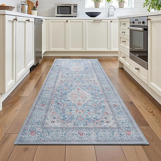 Blue Washable Vintage Runner Rug, 2x6 Boho Bedroom Area Rugs, Soft Non Slip Floral Entryway Carpet Runners, Indoor Low Pile Carpets for Kitchen Hallway Bedside
