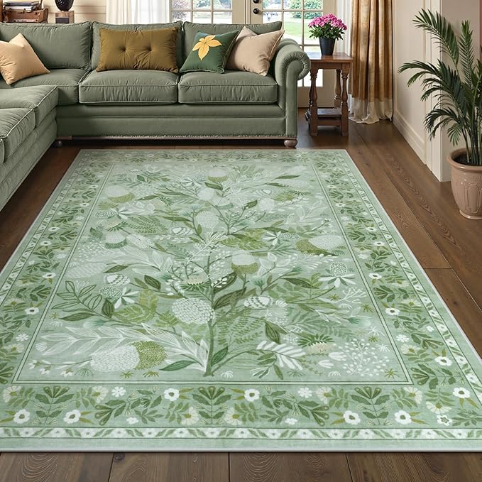 Anidaroel Sage Green Botanical Washable Rugs 5x7, Non-Slip Large Area Rug for Living Room, Soft Modern Rugs for Bedroom Aesthetic, Stain Resistant Dining Room Mat Carpet for Dorm Playroom