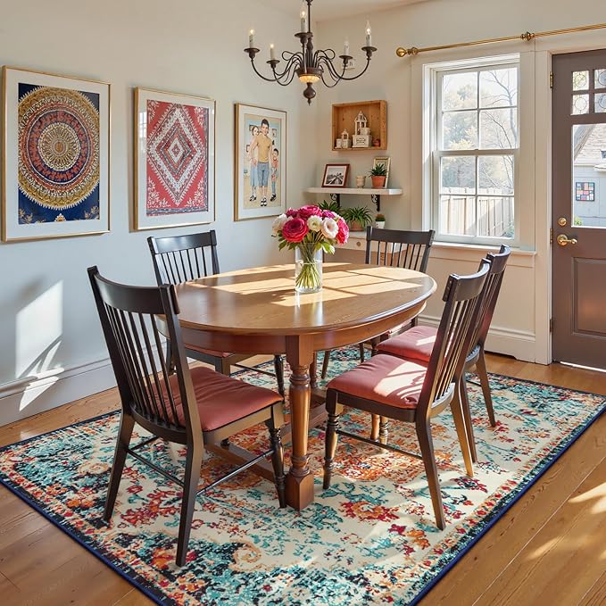 Lahome Bohemian Floral Medallion Area Rug - 5x7 Oriental Distressed Large Bedroom Rug, Soft Non-Slip Washable Dining Room Mat Indoor Throw Nursery Floor Carpet for Guest Room Entryway