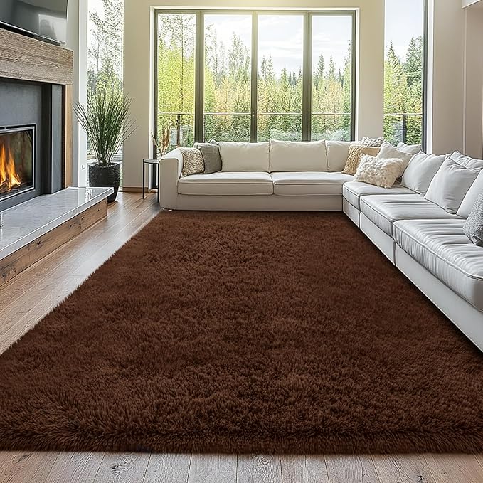 Shag Rugs for Living Room 9x12: 9x12 Shag Area Rugs for Living Room- Large Soft Brown Rugs for Bedroom- Fuzzy Plush Modern Carpets for Kids Room (Brown)
