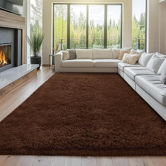 Shag Rugs for Living Room 9x12: 9x12 Shag Area Rugs for Living Room- Large Soft Brown Rugs for Bedroom- Fuzzy Plush Modern Carpets for Kids Room (Brown)