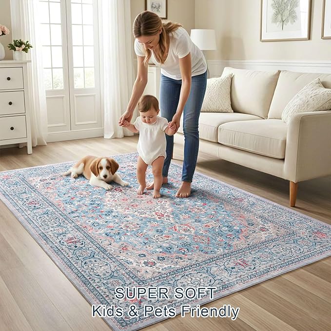 Blue Washable Boho Area Rug, 6x9 Vintage Floral Non Slip Rugs for Living Room Bedroom, Soft Low Pile Indoor Mat, Aesthetic Pattern Carpet for Kitchen and Dining Room