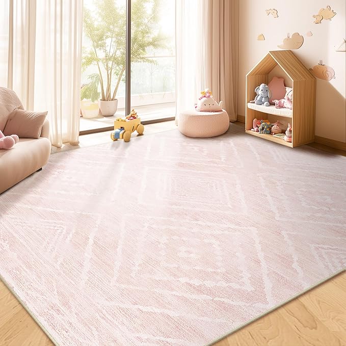 Area Rug 5x7 Rug Machine Washable Non-Slip Low Pile Print Pattern Western Rug for Living Room Bedroom Entryway Tribal Series -Light Pink/Cream