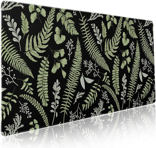 Black Green Plant Flowers Mouse Pad XXL Tropical Fern Botanical Leaves Extended Desk Mat 90X40cm Non-Slip Rubber Base Stitched Edge Large Mousepad for Gaming Laptop Computer Desktop 35.4×15.7 Inch