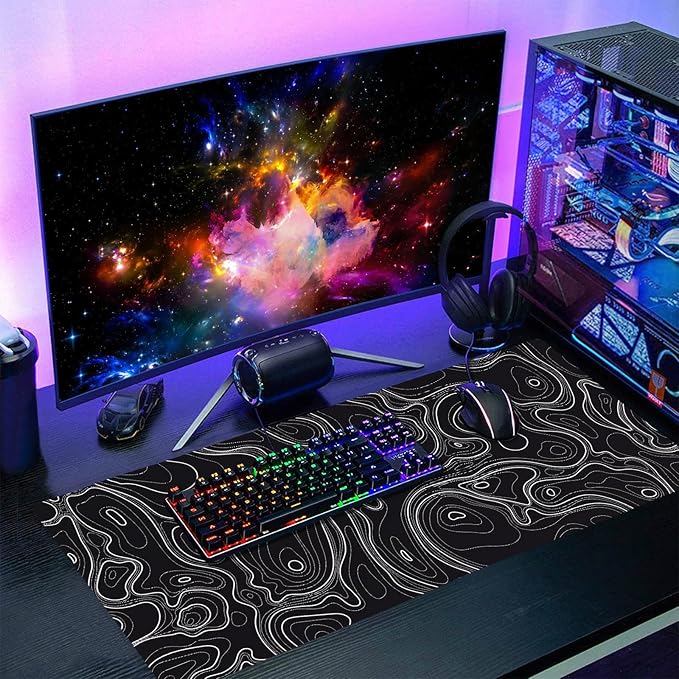 Topographic Map Black Gaming Mouse Pad XXL Minimalist Topo Geographic White Lines Extended Large Mousepad Desk Pad Non-Slip Rubber Base Stitched Edge Keyboard Pad Playmat for Computer,35.4×15.7 in