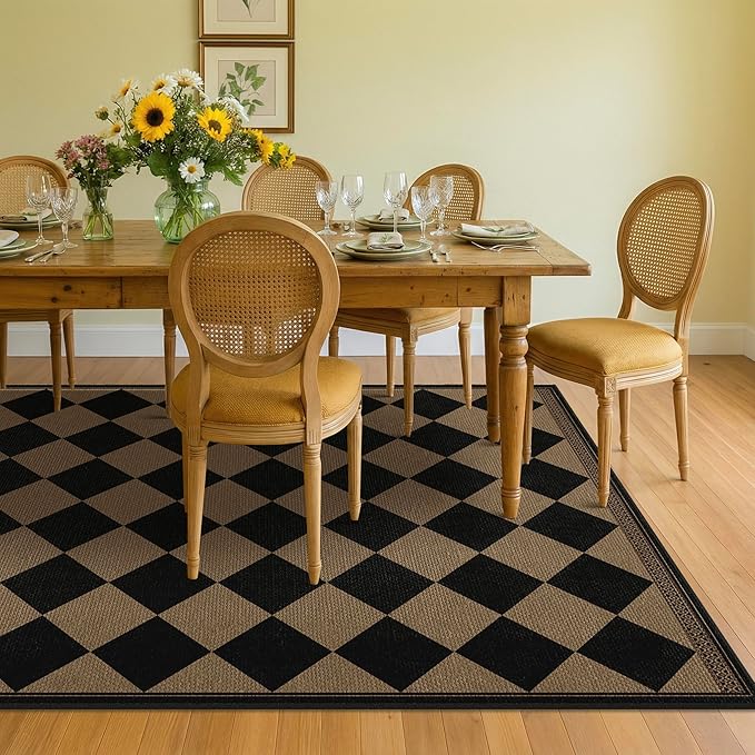 Vintage Rustic Cabin Easy Jute Black and Brown Checkered Rug for Dining Room 6x9, Stain Resistant Non-Slip Checkerboard Living Room Rug, Durable Boho Border Low Pile Carpet for Bedroom and Office