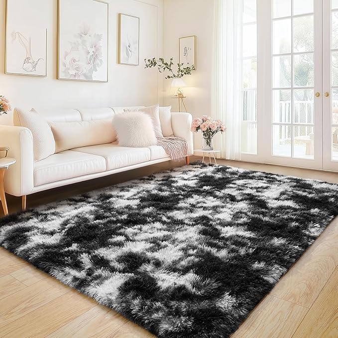 Black and White Area Rug for Bedroom 4x6, Ultra Soft Fluffy Shag Rugs, Modern Plush Indoor Carpet Non-Slip for Living Room Kids Room Nursery Dorm Home Decor