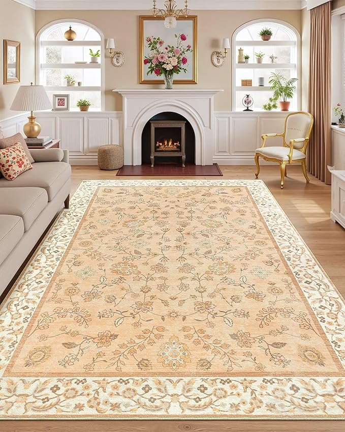6x9 Area Rugs for Living Room, Boho Washable Bedroom Rug, Vintage Floral Non Slip Rugs, Soft Low Pile Carpet for Kitchen Dining Room Office Farmhouse, BCinnamon Orange