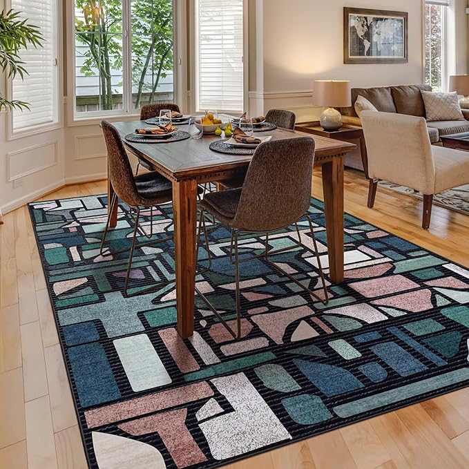 DEXDE 5x7 Area Rug, Vintage Checkered Abstract Rugs for Living Room, Non Slip Washable Large Low Pile Soft Modern Floor Carpet for Dining Room Bedroom Kitchen Office Nursery Playroom, Blue