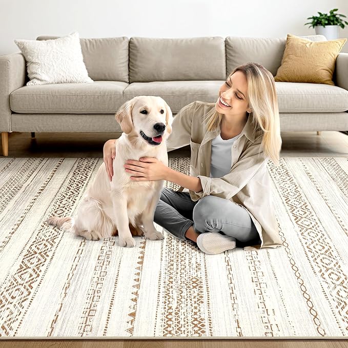 Area Rug Living Room Rugs - 5X7 Washable Boho Farmhouse Bohemian Neutral Large Moroccan Geometric Soft No Slip Indoor Thin Floor Carpet for Bedroom Under Dining Table -Square Brown