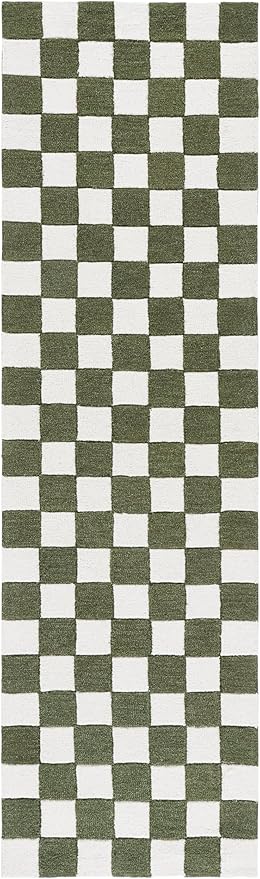 SAFAVIEH Ebony Collection Runner Rug - 2'3" x 8', Green & Ivory, Handmade Wool, Checkered Pattern, Ideal for Living Room, Hallway, Foyer, Bedroom (EBN175Y-28)