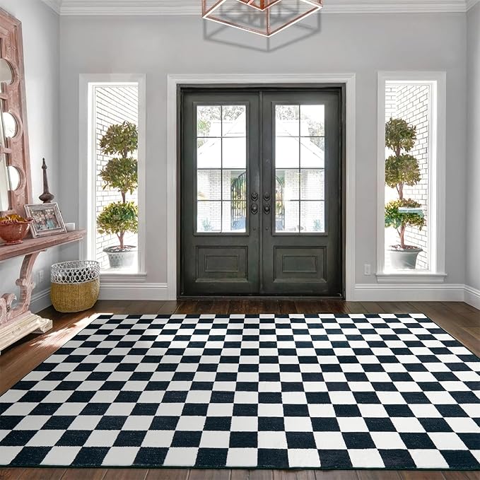 Retro Checkerboard 4x6 Entryway Rugs Non Slip Indoor Geometry Carpet Washable, Ultra Thin Boho Black and White Cute Vintage Aesthetic Funky Throw Rugs for Kitchen Bedroom Living Room