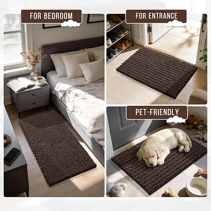 Yimobra Bathroom Runner Rug 55x24 Inch - Extra Long Non Slip Chenille Bath Mat, Soft & Absorbent, Machine Washable Shaggy Hallway Carpet for Vanity Tub Shower, Brown Home Decor Accessories