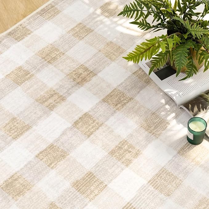 COLORPAPA Checkered Area Rug 4 Ft, Washable Round Rugs for Living Room, Modern Neutral Non Slip Indoor Carpet for Bedroom Office Patio Dining Room (Beige)