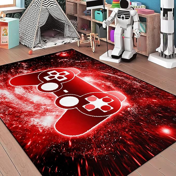 BATATADOCE Video Game Rug, 3D Printed Gamepad Controller Area Rugs for Bedroom Boys Living Room Red Large Cool Gamer Rugs Gaming Art Design Home Decor Crystal Doormat Yoga Mats, 70"x55"
