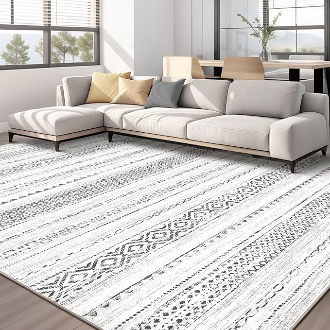 Area Rug Living Room Rugs - 10X14 Washable Boho Farmhouse Bohemian Neutral Large Moroccan Geometric Soft No Slip Indoor Thin Floor Carpet for Bedroom Under Dining Table Home Office -Square Grey