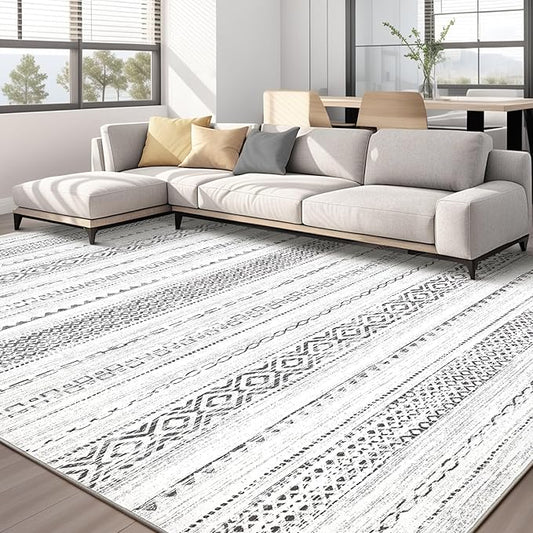 Area Rug Living Room Rugs - 10X14 Washable Boho Farmhouse Bohemian Neutral Large Moroccan Geometric Soft No Slip Indoor Thin Floor Carpet for Bedroom Under Dining Table Home Office -Square Grey