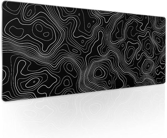 Topographic Contour Black Gaming Mouse Pad XL Topo Geographic Map Lines Extended Large Mouse Pad Big Desk Mat Non-Slip Rubber Base Stitched Edge Long Keyboard Playmat for Desk Computer,31.5×11.8 in