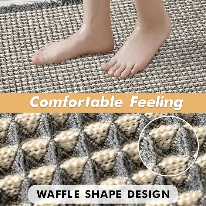 MIULEE Set of 2 Waffle Bathroom Runner Rugs, Boho Bath Rugs Non Slip Washable, Super Absorbent Runner Bath Mats, Rubber Backed, Ideal for Hallway Laundry Room, Dark Grey & Yellow, 2'x6'(24x72 Inch)