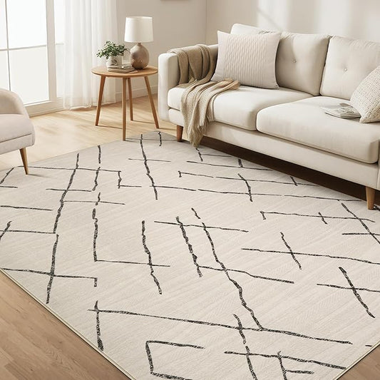 Area Rug Living Room Rugs - 5X7 Washable Boho Farmhouse Bohemian Neutral Large Moroccan Geometric Soft No Slip Indoor Thin Floor Carpet for Bedroom Under Dining Table Home Office - Beige