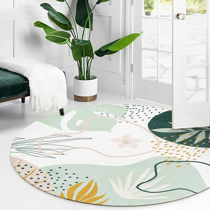 Lahome Boho Round Rugs - 4Ft Washable Non-Slip Small Round Area Rug Throw Soft Cute Round Nursery Rug Non-Shed Lightweight Bathroom Rug, Green Botanical Print Circle Rug for Bedroom Dorm Kids Room