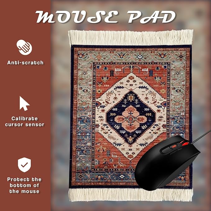 Persian Style Carpet Mouse Pad – Vintage Miniature Bohemian Rug Desk Pad, Non-Slip Computer Mouse Mat with Fringed Edges, Elegant Table Decor for Home & Office Accessories