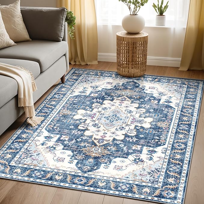 Area Rugs 5x7, Washable Rugs for Living Room, Non-Slip Rug, Boho Medallion Rug, Distressed Carpet, Low Pile Boho Rugs for Bedroom Dining Room