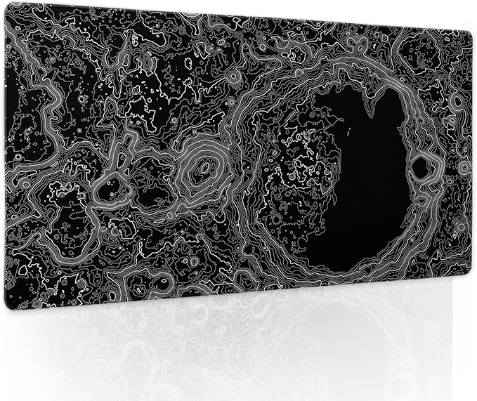 Black Whtie Topographic Gaming Mouse Pad XL Topo Moon Relief Map Extended Large Mat Mousepad Desk Pad Non-Slip Rubber Base Stitched Edge Long Keyboard Playmat for Desk Computer,24x14 Inch